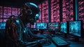 technological metallic humanoid in a server room working on computer - cybersecurity vulnerability and hacker malware concept