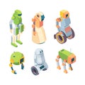 Technological robots helper future isometry set. Robotic humanoid green cyborg on wheels chassis robopes artificial