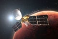 Technological satellite flies in orbit of the red planet Mars. Exploring the planet Mars. Surface of Mars with craters in stellar