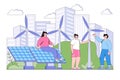Technological solar electricity, eco clean modern electric power concept. People characters with big solar panel in city park. Royalty Free Stock Photo