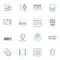 Technological tools linear icons set. Innovation, Gadgets, Cybersecurity, Automation, Robotics, Augmented reality