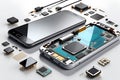 Technological Unveiling: Smartphone Disassembled Components Spread Out Geometrically on a White Surface, Wires and Circuitry