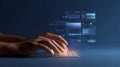 Technologist hands typing on glowing virtual keyboard, generating holographic interface displaying data analytics Royalty Free Stock Photo