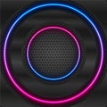 Black glossy and blue purple neon circles on dark perforated background Royalty Free Stock Photo
