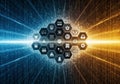 Technology Abstract Digital Network Background with Glowing Binary Code and Interconnected Security and Data Icons Forming a Royalty Free Stock Photo