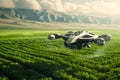 Technology in agriculture - futuristic drone flies over fields