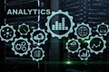 Technology Analytics concept on virtual screen. Big data with graph icons on a digital screen interface and a server Royalty Free Stock Photo