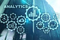 Technology Analytics concept on virtual screen. Big data with graph icons on a digital screen interface and a server Royalty Free Stock Photo