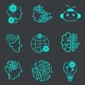 Technology of Artificial Intelligence Vector Line Icons Set. Face Recognition, Android, Humanoid Robot, Thinking Machine Royalty Free Stock Photo