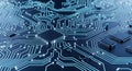 Technology background Close-up of a complex blue illuminated electronic circuit board with microchips electronics Royalty Free Stock Photo