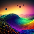 Technology background with connected dots on 3D wave landscape. Data science, particles, digital world, virtual reality,