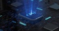 Technology background. A glowing CPU on a motherboard. 3D illustration render Royalty Free Stock Photo