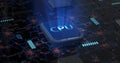 Technology background. A glowing CPU on a motherboard. 3D illustration render Royalty Free Stock Photo