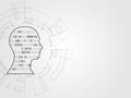 Technology background. Human brain with digits inside on futuristic wireframe background represents concept of idea and innovation