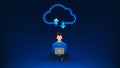 Technology Background with Person Working on Laptop and Cloud Above Showing File Upload, Cloud Computing Concept, Online Data Royalty Free Stock Photo