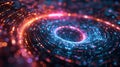 Technology background, Set against a dark void, a luminous translucent iridescent form spirals elegantly. Holographic