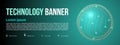 Technology banner with spotted particle sphere, ball and light on cyan gradient background. Futuristic, big data concept