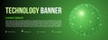 Technology banner with spotted particle sphere, ball and light on green gradient background. Futuristic, big data concept