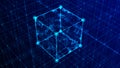 Technology block chain network connection. Big data visualization. Cyber security background. Cube, consisting of block. 3D