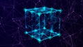 Technology block chain network connection. Big data visualization. Cyber security background. Cube, consisting of block. 3D