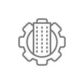 Technology city, building with gear wheel, town engineering department line icon