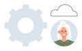 Gear, Cloud, and Smiling Woman Icon in Minimal Design Technology, Cloud Computing, and User Interaction Royalty Free Stock Photo