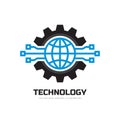 Technology - concept business logo template vector illustration. Globe world and gear symbols. Cogwheel mechanic sign. Royalty Free Stock Photo