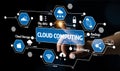 Technology Concept: Cloud Computing with Icons for Data Storage, Analytics, Privacy, and Backup Featuring a Hand Royalty Free Stock Photo