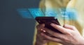 Technology concept with cyber security internet and networking, woman hand using smartphone, screen padlock icon.