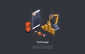 Technology Concept Design. Cartoon 3D Style, Isometric Vector Illustration With Text. Automated Robotic Machines