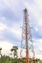 Mobile phone communication and network signal repeater antenna tower with blue sky background Royalty Free Stock Photo