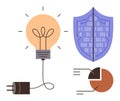 Technology Concepts Featuring Light Bulb, Data Shield, and Pie Chart for Innovation and Security Royalty Free Stock Photo