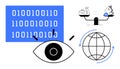 Technology and Data Analysis Concept with Binary Code, Eye Symbol, Global Network, and Financial Icons Royalty Free Stock Photo