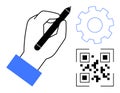 Hand Holding Pen with Gear and QR Code Technology, Automation, and Digital Interaction Royalty Free Stock Photo