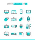 Technology, devices, gadgets and more. Plain and line icons set, flat design Royalty Free Stock Photo