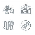 Technology devices line icons. linear set. quality vector line set such as cd, data cable, music equalizer