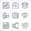 technology devices line icons. linear set. quality vector line set such as conversation, film reel, calculator, cctv camera, Royalty Free Stock Photo