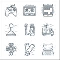 technology devices line icons. linear set. quality vector line set such as kitchen scale, usb, robot, broadcasting, usb, joystick