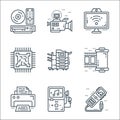 Technology devices line icons. linear set. quality vector line set such as music player, music player, printer, film reel,