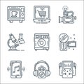 Technology devices line icons. linear set. quality vector line set such as music player, woofer, music player, camcorder, washing