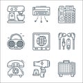 technology devices line icons. linear set. quality vector line set such as television, hair dryer, telephone, handsfree, tablet,