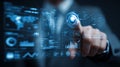 Technology digital interface data touchscreen business analytics futuristic innovation cybersecurity virtual screen hand male Royalty Free Stock Photo