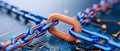 In a technology-driven world, digital security is symbolized by a glowing padlock connected by metallic chains on a Royalty Free Stock Photo