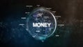 Technology earth from space word set with money in focus. Futuristic bitcoin cryptocurrency oriented words cloud 3D Royalty Free Stock Photo