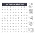 Technology editable line icons, 100 vector set, collection. Technology black outline illustrations, signs, symbols Royalty Free Stock Photo