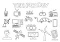 Technology elements hand drawn set. Coloring book template. Outline doodle