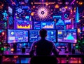 A technology expert working in an AI-powered environment, analyzing dynamic data and futuristic digital visualizations