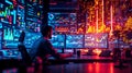 A technology expert working in an AI-powered environment, analyzing dynamic data and futuristic digital visualizations