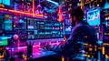 A technology expert working in an AI-powered environment, analyzing dynamic data and futuristic digital visualizations