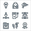 technology of the future line icons. linear set. quality vector line set such as camera, robot dog, biofuel, hologram, charging